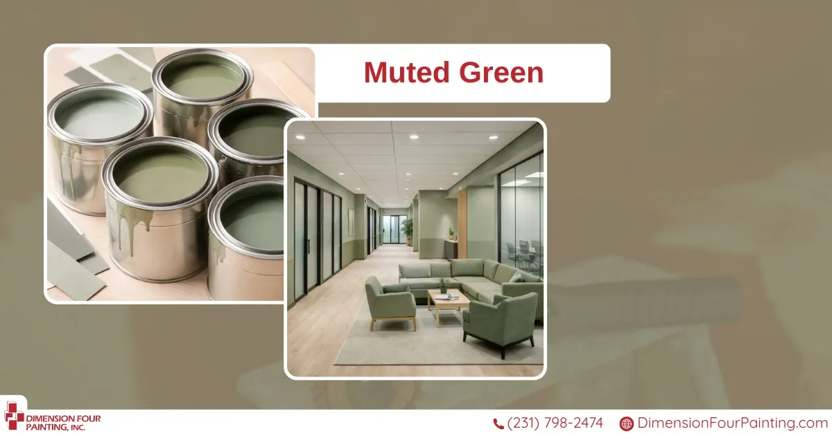 Buckets of paint and commercial building interior - Muted Green