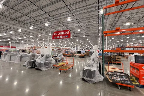 Large warehouse club interior with painted steel trusses and polished concrete floors during build-out
