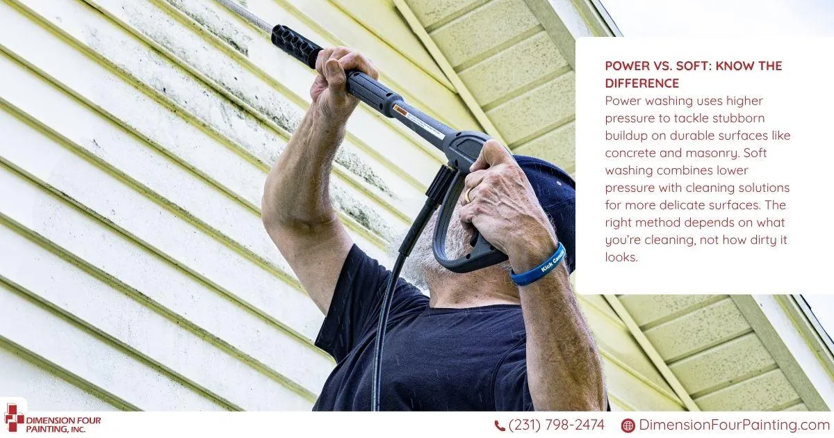 Power washing vs. soft washing — power washer in use on commercial siding