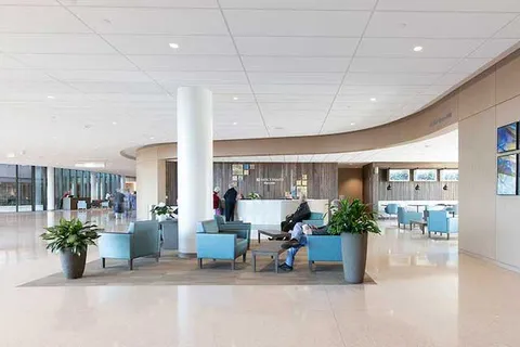 Hospital lobby with lounge seating, potted plants, and a curved reception desk