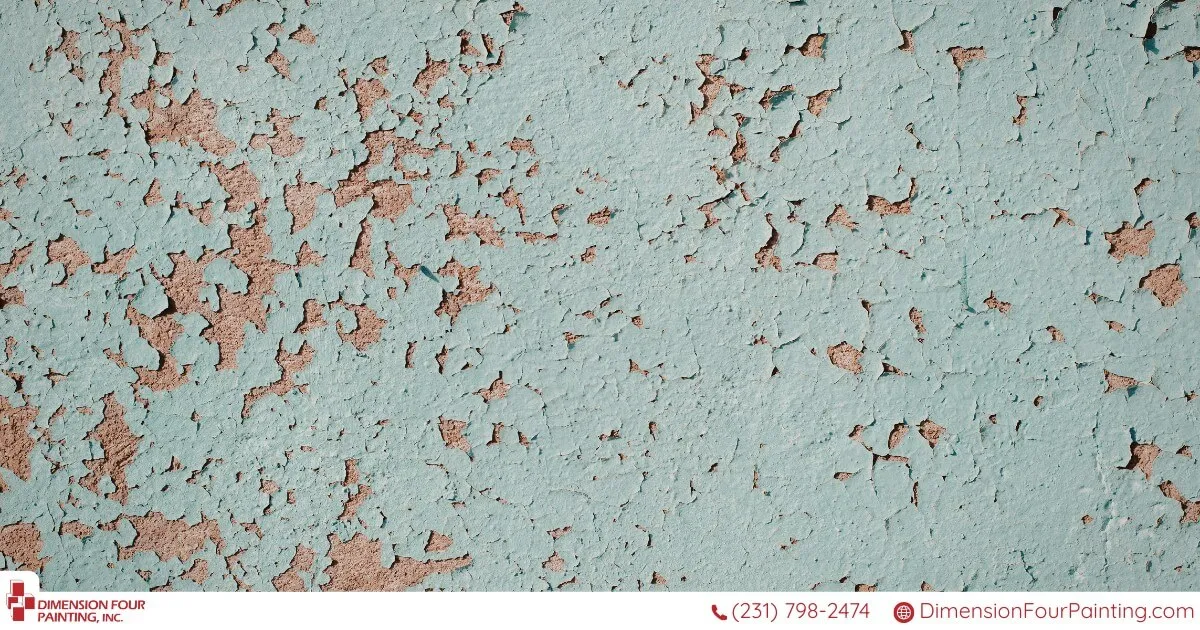 Peeling blue paint on wall